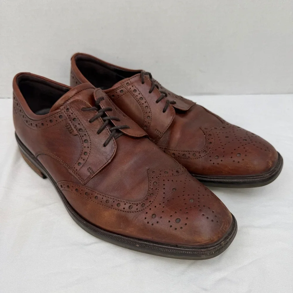 Ecco Mens Dublin Wingtip Oxford Cognac Brown Leather Brogue Dress Shoes Size 43